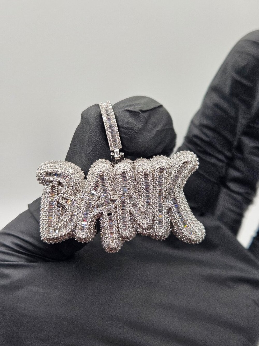 Iced Out BANK Pendant Baguette CZ Silver Filled 25g 10.3mm Bail